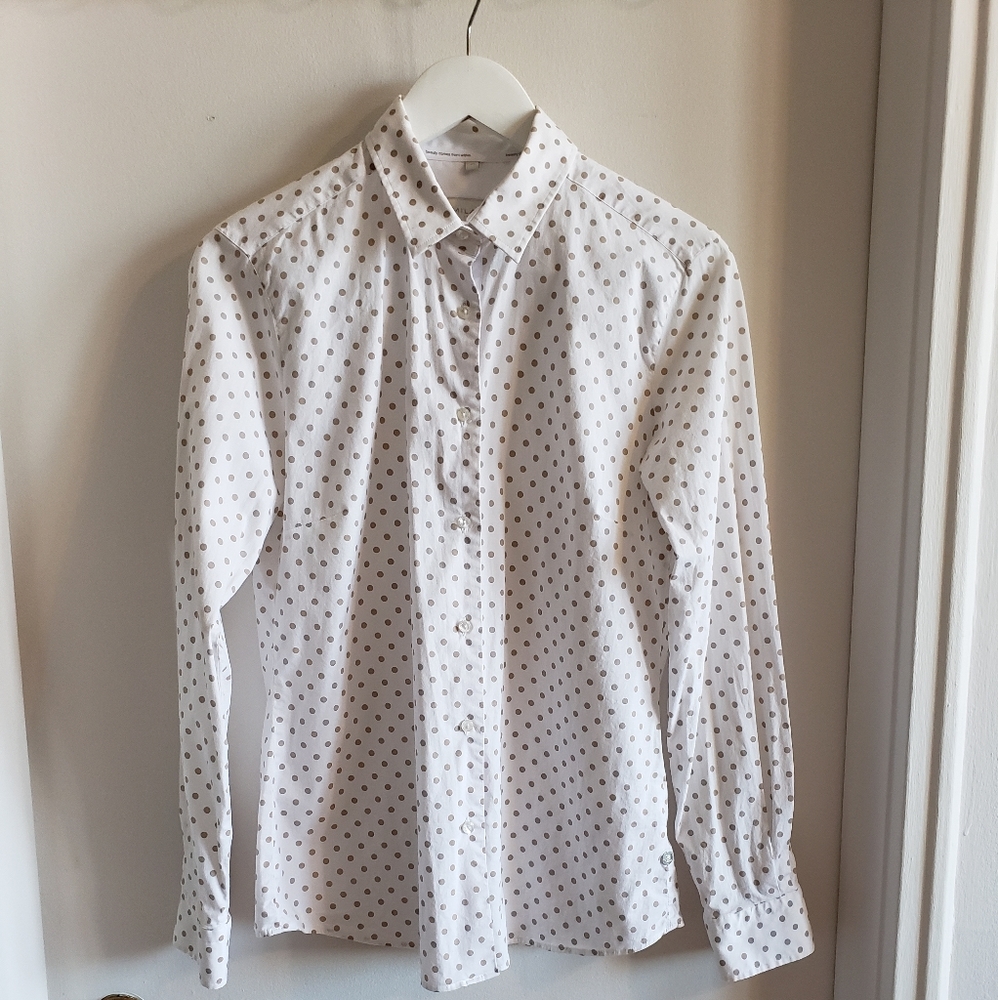 Milano Italy Crisp Cotton Dress Shirt White Beige Polka Dots Woman Size 40